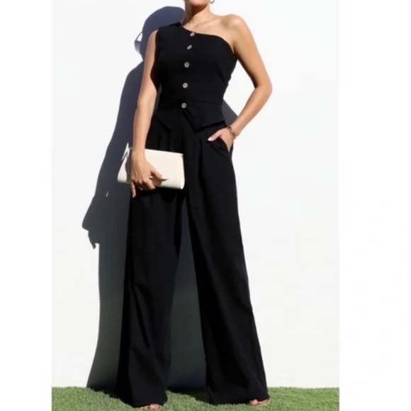 Dress Day Pants - 100% Cotton Black One Shoulder 2-Piece Pant Suite Size Large, NWT
